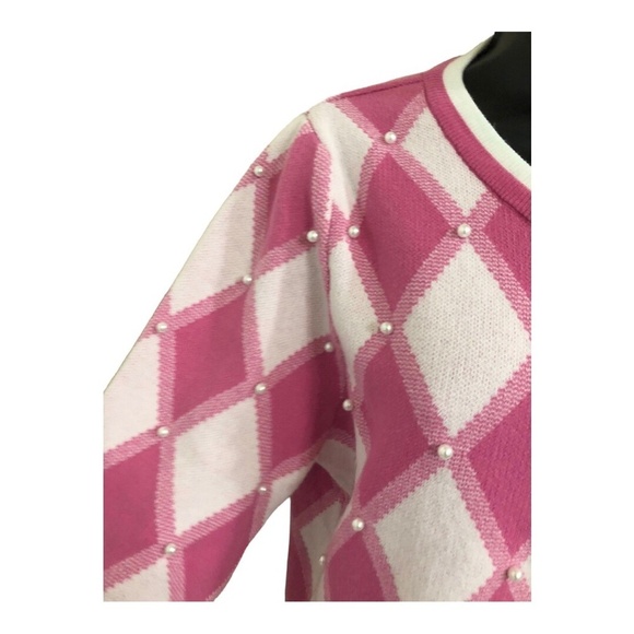 Nanette Lepore pink white diamond print long sleeve cardigan sweater size medium - Picture 2 of 9